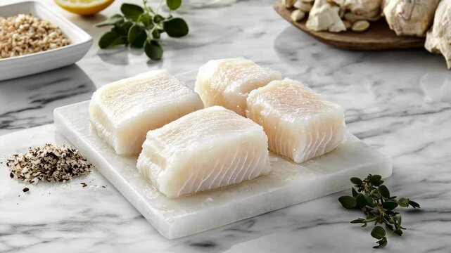 Fresh seafood preparation featuring cod fillets on a marble countertop with herbs and spices