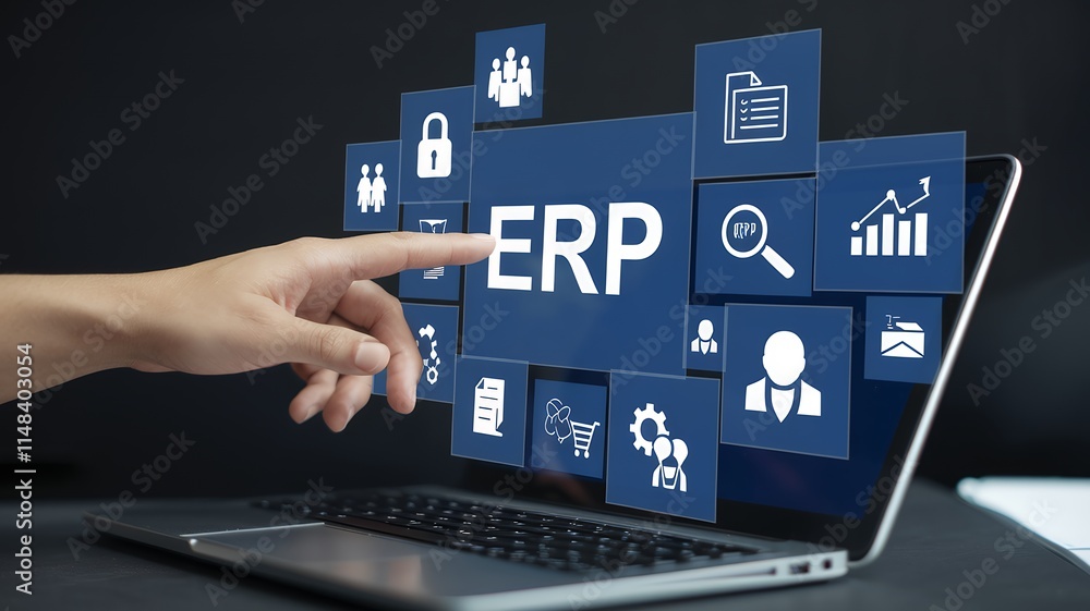 Poster businessman using laptop for erp documentation management, enterprise resource planning concept.