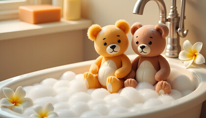 teddy bears in washing basin, Cute teddy bears sitting in a washing basin filled with bubbles for a playful and whimsical decoration
