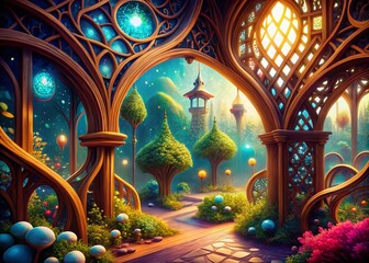 Obraz premium Surreal Wooden Lattice Cartoon Art, Fantasy Wooden Grid, Whimsical Lattice Illustration, Dreamlike Cartoon Background