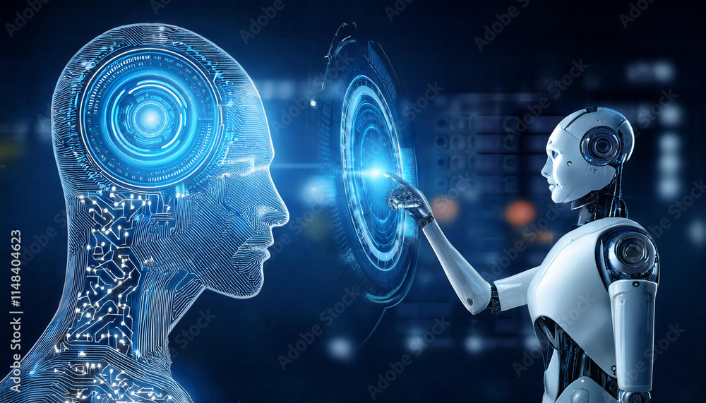 Poster humanoid robot and ai interface: futuristic digital interaction between a humanoid robot and a trans