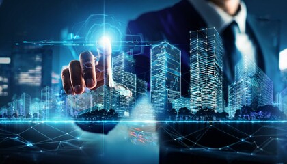 The Future is Now: A Businessman's finger points to the glowing metropolis of a futuristic city, a symbol of innovation, progress, and technological advancement.  