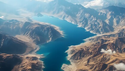 Aerial shot of the picturesque Pangong Lake in Ladakh, with vibrant blue waters surrounded by rugged mountains, in 4K resolution