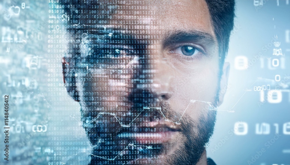 Poster man and machine: a futuristic blend of human and digital, this captivating portrait explores the int