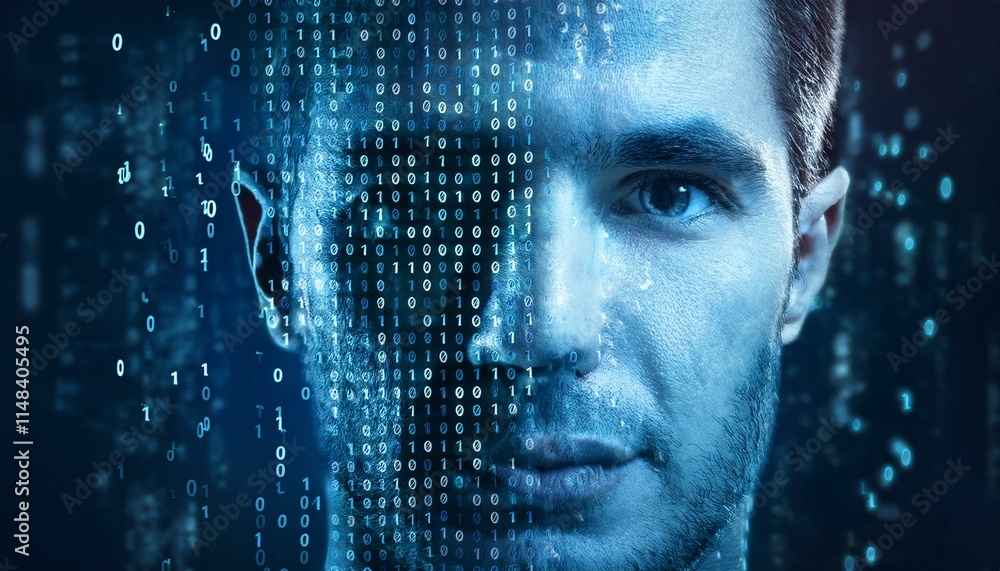 Poster digital persona: a man's face merges with a futuristic digital code, symbolizing the intersection of