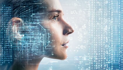 The Future of Intelligence: A woman's face is overlaid with a digital circuit board, symbolizing the integration of technology and human potential in a futuristic world.