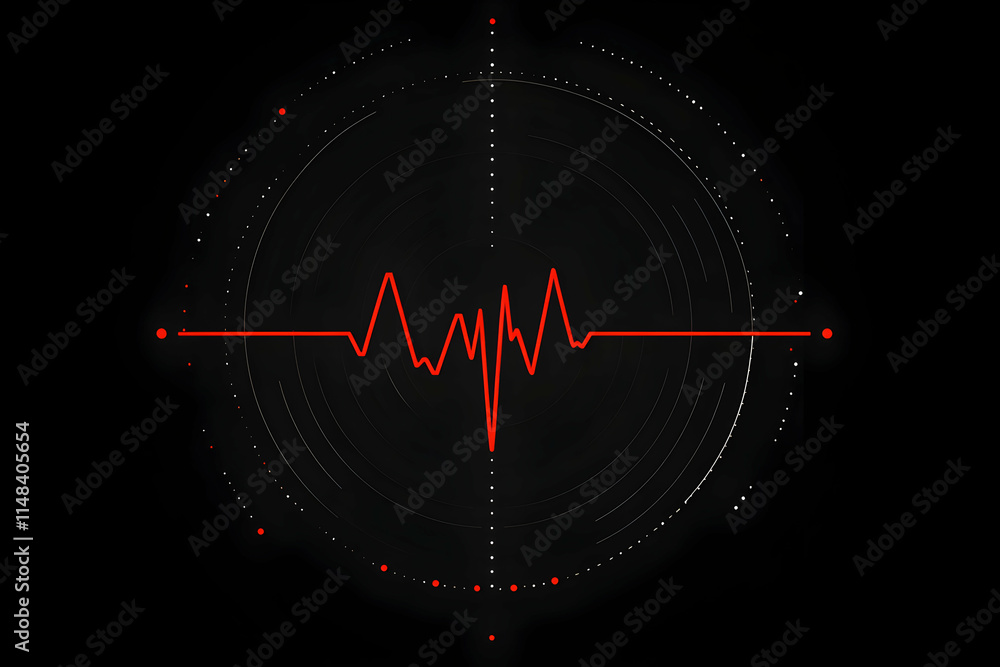 Poster abstract red heartbeat line graphic design on dark background with circular pattern