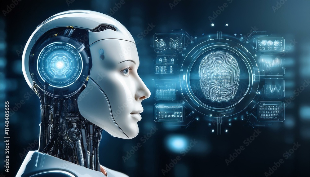Poster biometric robot: futuristic ai, face recognition technology, and advanced robotics converge in a cap