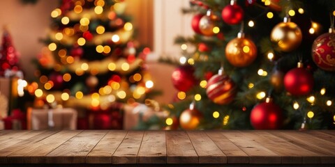 Empty woooden table top with abstract warm living room decor with christmas tree string light blur background with snow, Holiday backdrop, Mock up banner for display of advertise product.