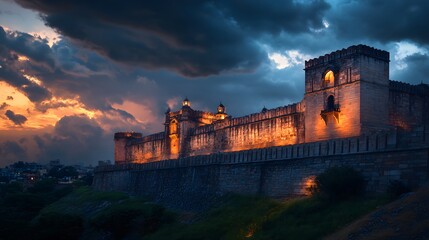 Front view of the Golkonda Fort in Hyderabad, glowing under a dramatic twilight sky, in 4K resolution