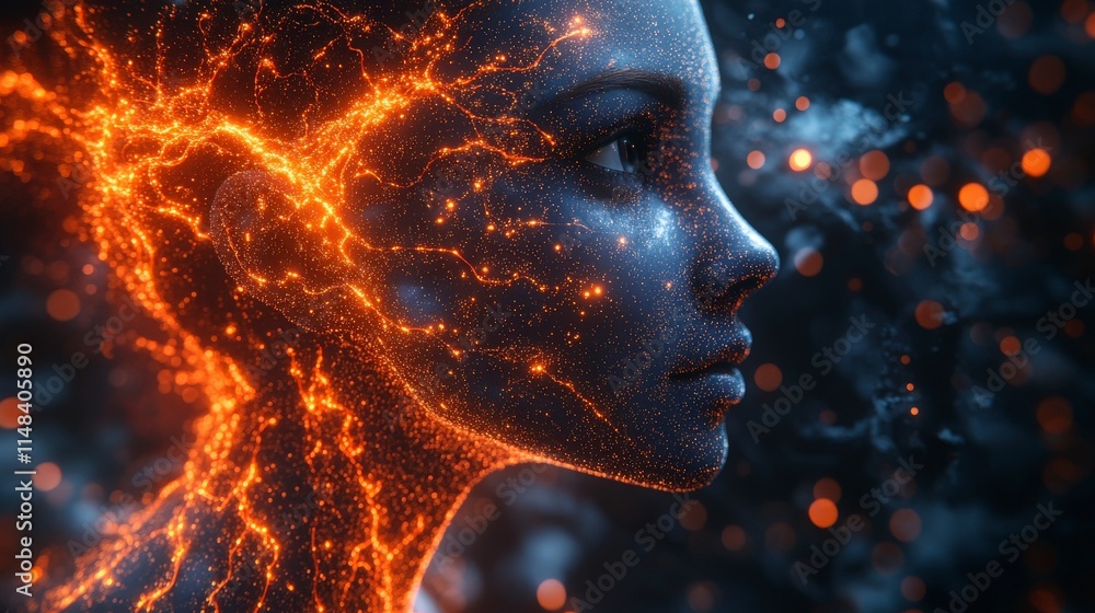Poster a captivating portrait showcasing a woman's profile illuminated with intricate, fiery patterns symbo