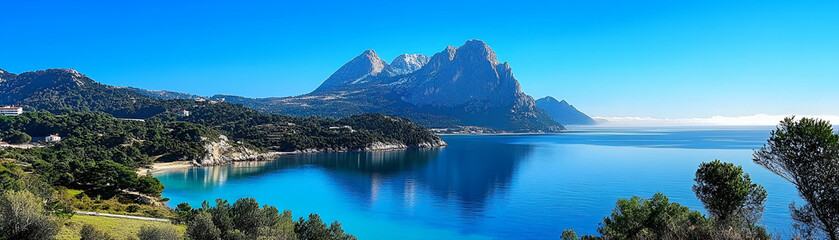 Obraz premium Coastal Mountain Vista, Azure Waters Reflecting Majestic Peaks under a Brilliant Blue Sky