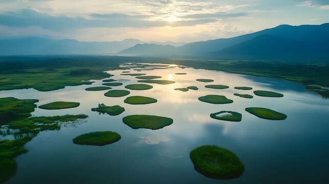 Aerial shot of the serene Loktak Lake in Manipur, with floating islands glowing under soft morning light, in 4K resolution