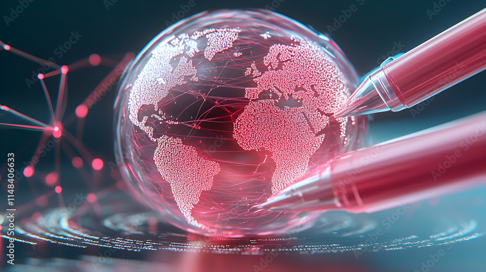 Poster global network, digital connections illuminated, syringes injecting data into a crystal globe, repre