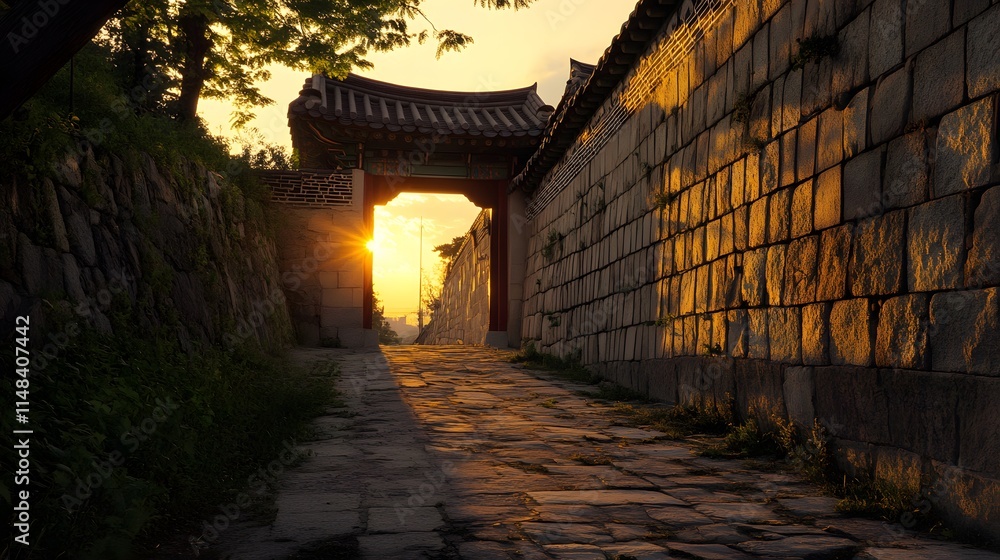 Aufkleber front view of the suwon hwaseong fortressâ€™ paldalmun gate glowing under the golden hour light, in 