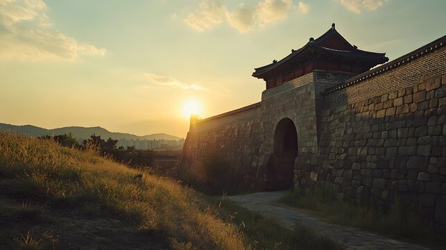 Front view of the Suwon Hwaseong Fortress&acirc;&euro;&trade; Paldalmun Gate glowing under the golden hour light, in 4K resolution