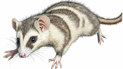Striped Opossum Illustration, Detailed Drawing of a Small Mammal with Fur, Claws, and a Long Tail, Isolated on White Background