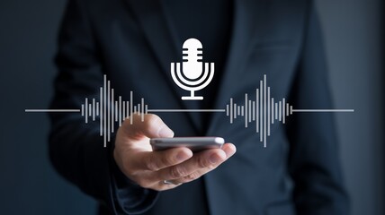Businessman using smartphone for voice recording customer conversation, telemarketing, consulting, voice assistance, messaging