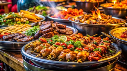 Fototapeta premium Thai BBQ Buffet: Sizzling Pork & Chicken Grill Feast - Architectural Photography