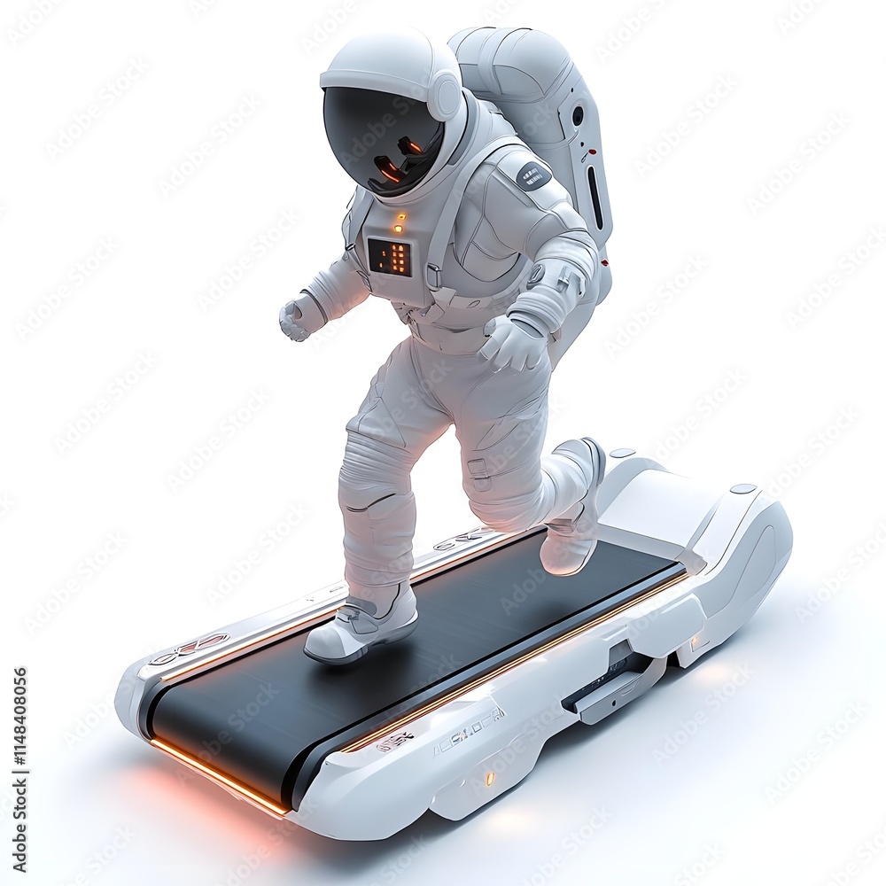 Poster an astronaut jogging on a futuristic treadmill designed for exercise in space.