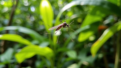 Tropical rainforest scene featuring a mosquito in the foreground, showcasing the intricate balance and biodiversity of life in a lush, vibrant ecosystem.