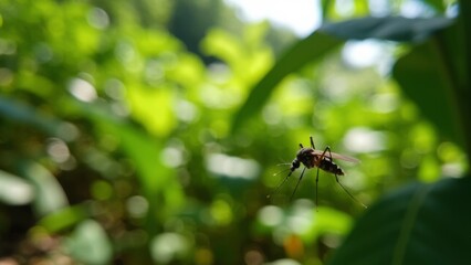 Tropical rainforest scene featuring a mosquito in the foreground, showcasing the intricate balance and biodiversity of life in a lush, vibrant ecosystem.