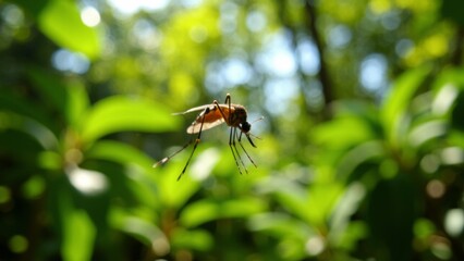 Tropical rainforest scene featuring a mosquito in the foreground, showcasing the intricate balance and biodiversity of life in a lush, vibrant ecosystem.