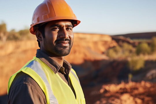 portrait of smiling indian man engineer on mine site in Australia wearing hard hat, high vis vest at sunset golden hour