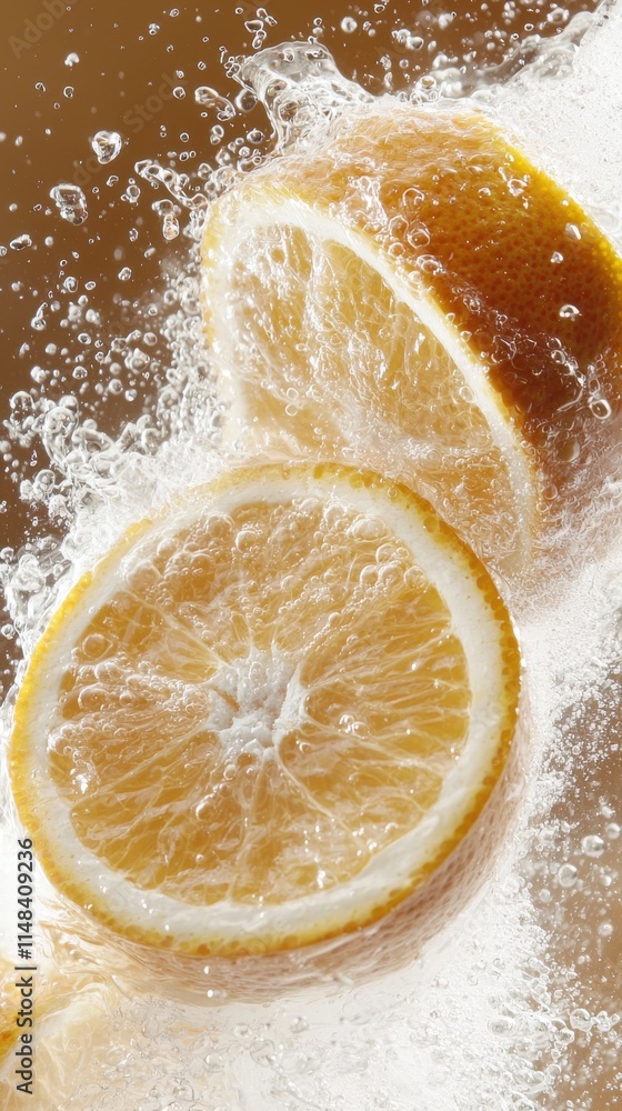 Poster refreshing citrus splash high-resolution lemon slices with bubbles studio environment vibrant textur