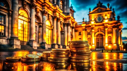 Fototapeta premium Three Coins Building Portrait Photography - Architectural Photography, Urban Scene, Coin Imagery