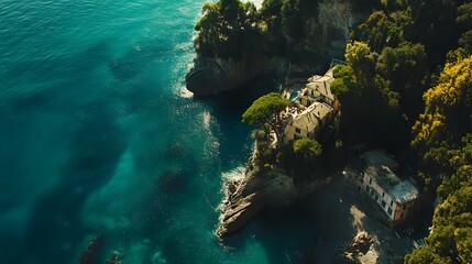Aerial shot of the rugged coastline of Portofino, with luxurious villas and turquoise waters under soft sunlight, in 4K resolution