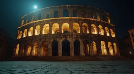 Naklejka premium Front view of the ancient Verona Arena, glowing softly under illuminated lights at night, in 4K resolution