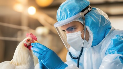 Veterinarian in protective gear carefully inspecting poultry, emphasizing health and safety in animal care.