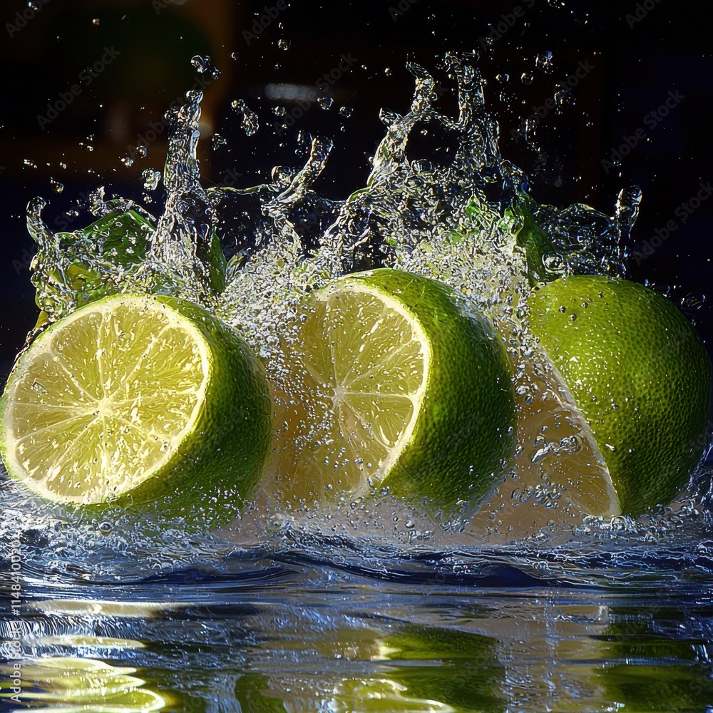 Poster refreshing splash of lime in water high-resolution textures and details natural setting close-up vie