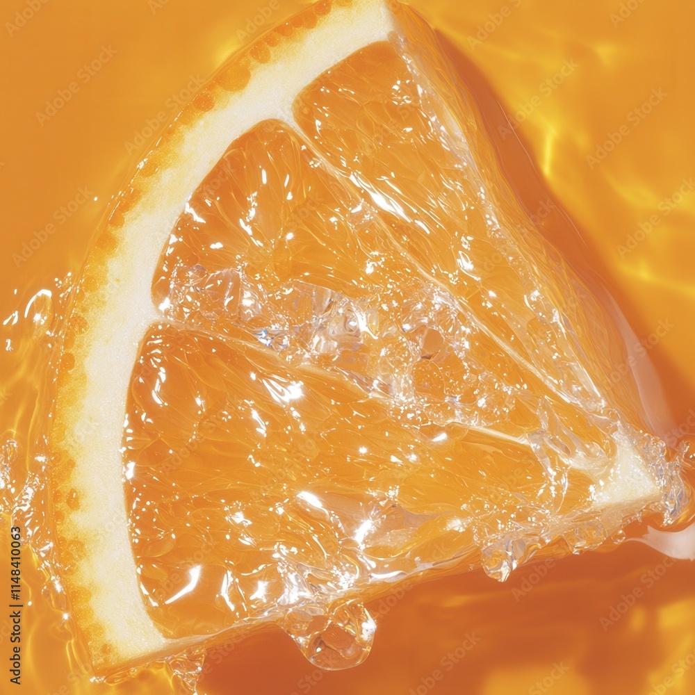 Poster refreshing orange slice splash bright background high-resolution textures vibrant environment close-