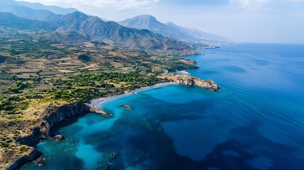 Fototapeta premium Aerial shot of the serene Zingaro Nature Reserve in Sicily, with rugged trails and pristine beaches, in 4K resolution