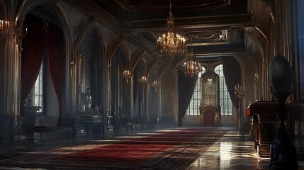 Obraz premium Grand Gothic Hallway With Ornate Chandeliers And Red Carpet