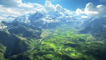 Aerial shot of the Hunza Valley, with vibrant green fields surrounded by snow-capped peaks under a bright blue sky, in 4K resolution
