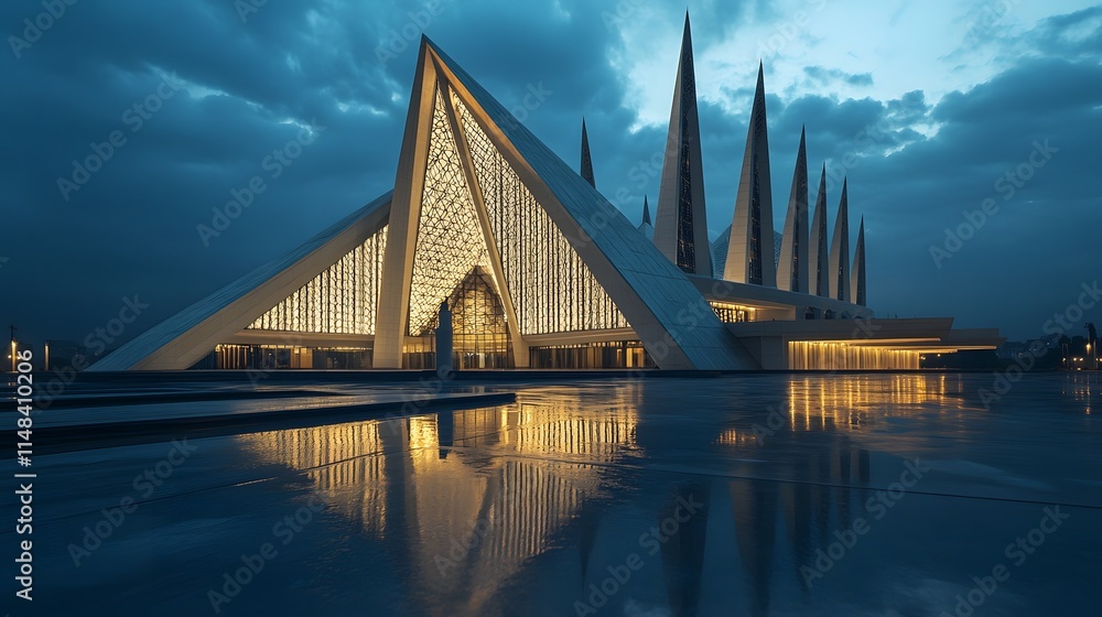 Poster front view of the faisal mosque in islamabad, with its modern geometric design glowing softly under 