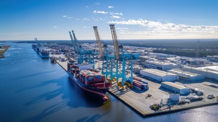 Aerial view of a busy shipping port with cranes, cargo ships, and storage containers along a calm waterway under a clear blue sky.