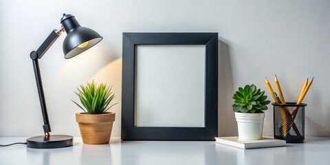 Crisp high-DOF photo: black frame, white table, minimalist home decor, plant, lamp.