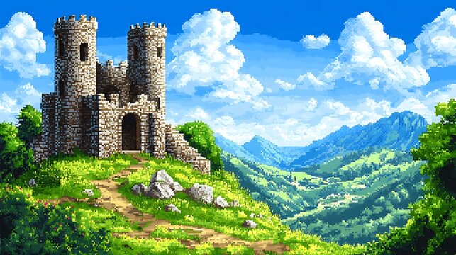 Pixelated castle hilltop, mountains.