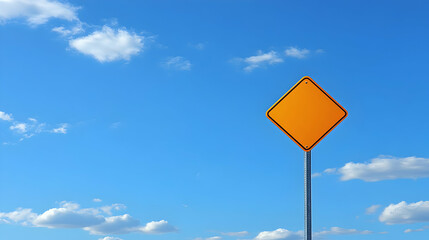 Blank Orange Diamond Sign Against a Vivid Blue Sky with Fluffy Clouds