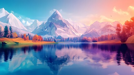 Majestic Low Poly Landscape with Reflective Lake