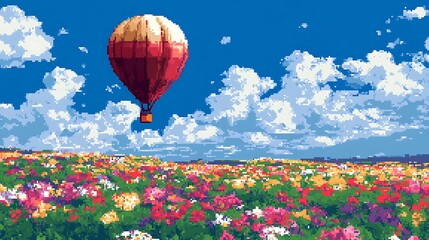 Fototapeta premium Pixel balloon over flower field.