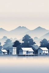 there are many houses on the water with mountains in the background