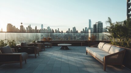 Obraz premium Rooftop terrace with city skyline view at sunrise, featuring outdoor furniture.