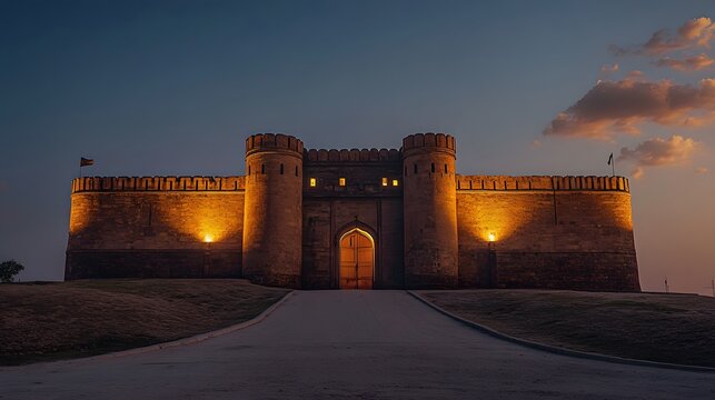 Front view of the Derawar Fort in Bahawalpur, glowing softly under the twilight sky, creating a powerful and historical tone, in 4K resolution