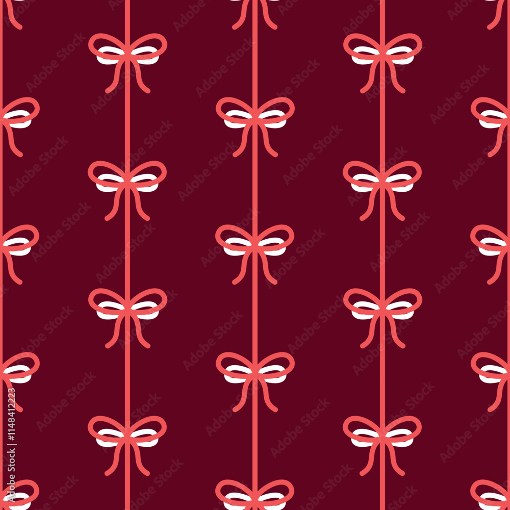 Poster elegant bow and ribbon pattern on deep burgundy background valentines day seamless pattern square ve