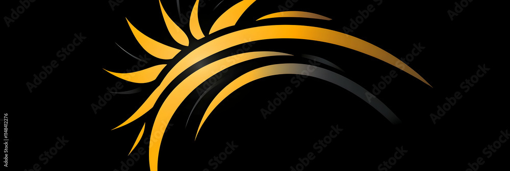 Poster abstract golden sunburst design, elegant curves and sharp spikes on a black background, creating a d